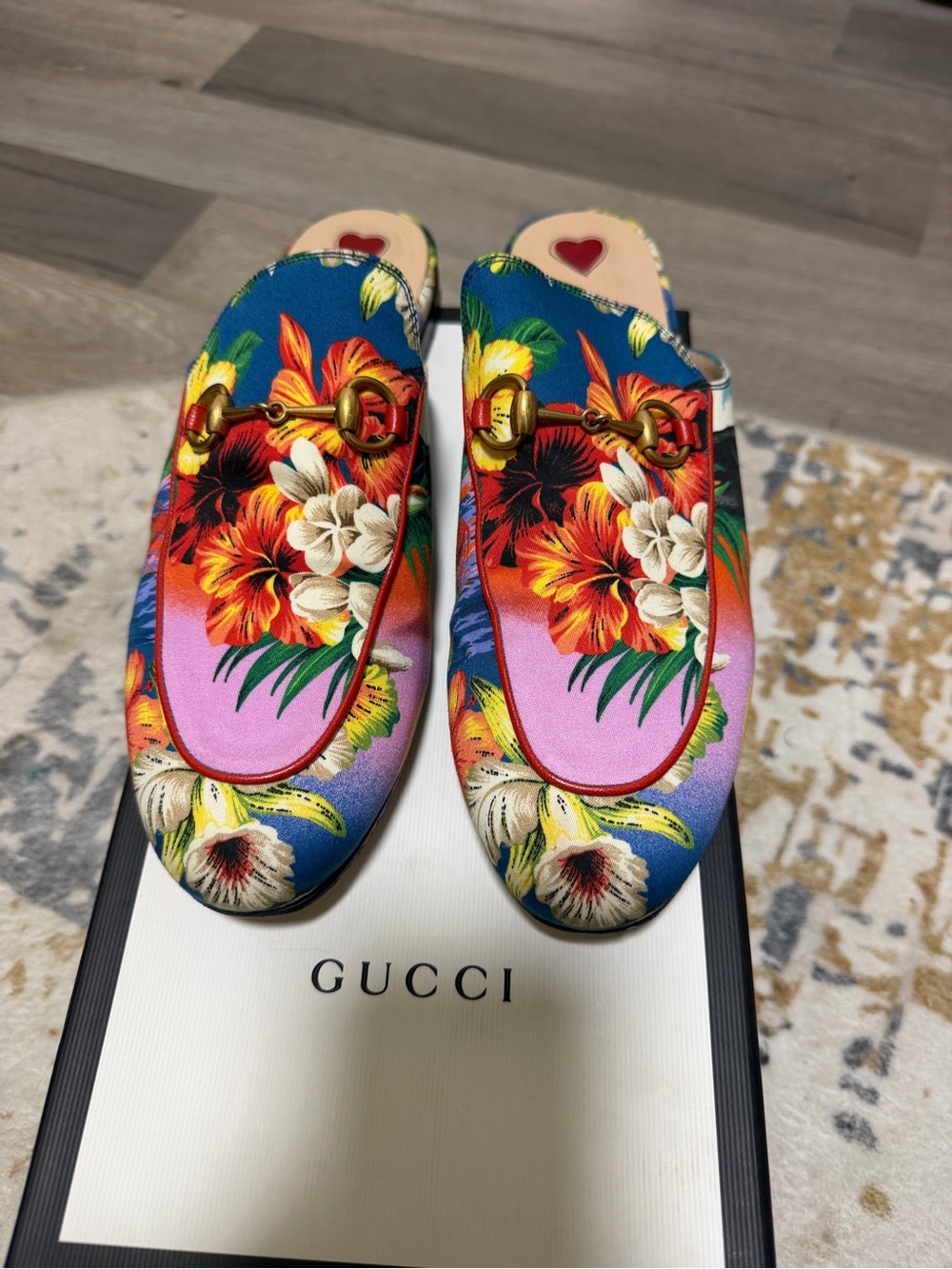 Gucci Tropical Floral Satin Horsebit Mule - Blue Pink Multicolor